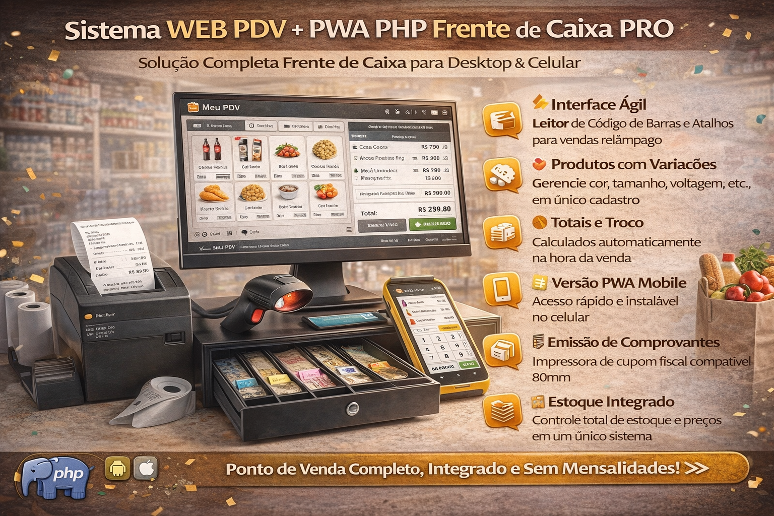 Sistema WEB PDV + PWA PHP Frente de Caixa PRO
